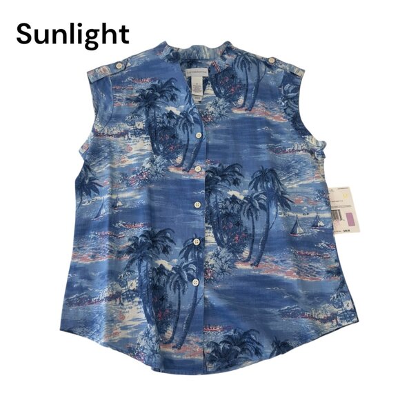 Liz Claiborne Women SZ M Sleeveless Collared Blue Hawaiian Print Blouse - Picture 1 of 10